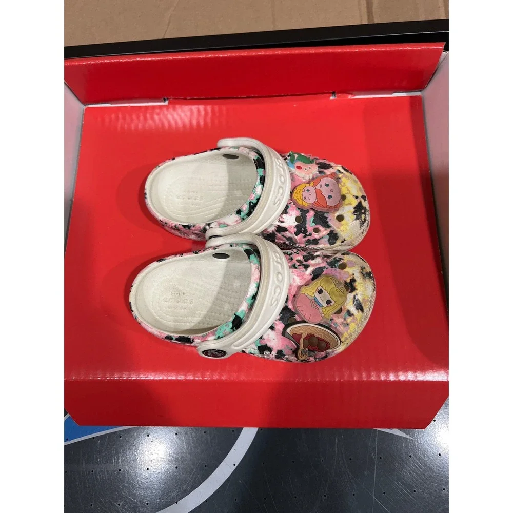 Crocs Kids Classic Marbled Clog Pink Black Mint Splatter with Charms Size 8